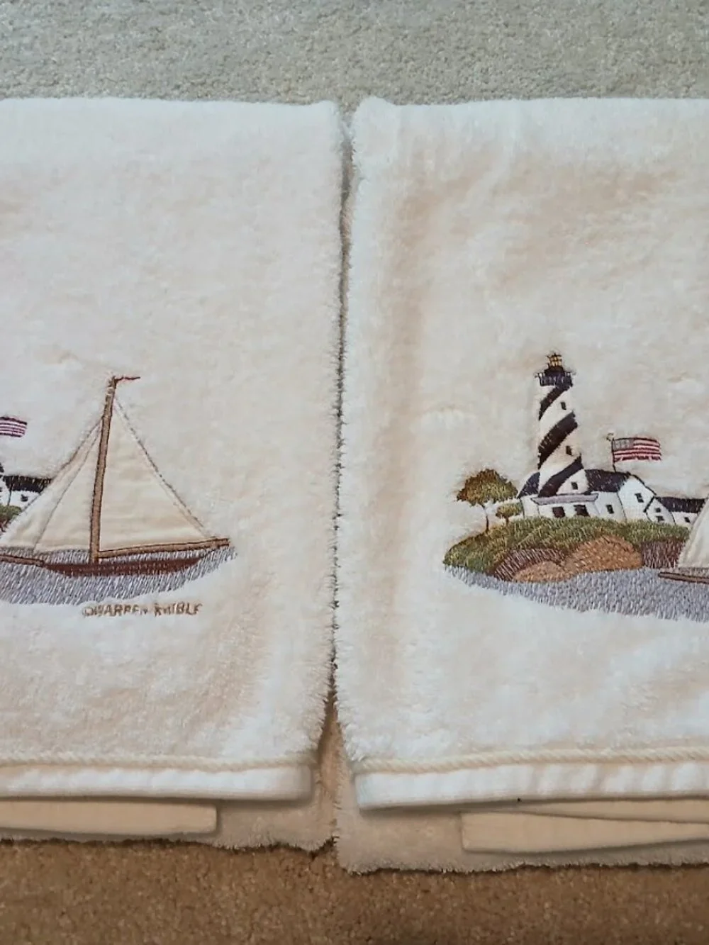 Vintage WARREN KIMBLE Bath Towel Set Lighthouse Americana Design